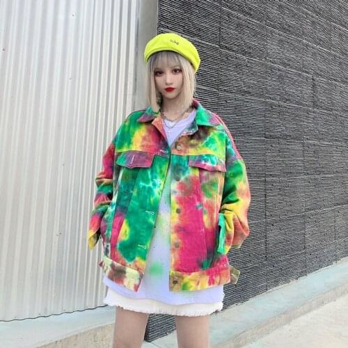 2020 Denim Jackets Women Streetwear Color Tie-dye Loose Long Sleeve Harajuku Jean Coats Autumn Female Fashion Washed Chaquetas