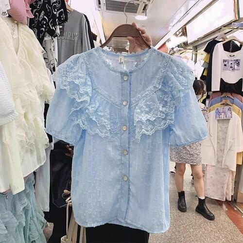 Short Sleeve Lace Shirt Woman 2021 New Design Ruffled Loose Single-breasted Ruffled Blouse Girls Ladies Sweet Blusas Tops