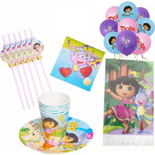 Dora the Explorer Theme Kids Birthday Party Supplies Disposable Tableware Paper Cup Plates Napkins Tablecloth Baby Shower Decor