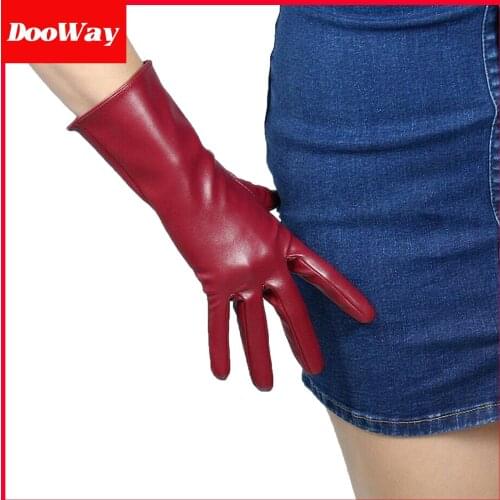DooWay women Leather Gloves Faux Sheepskin PU Burgendy Elbow Length 11-inch Warm Stretchy Unlined Full Finger Gloves
