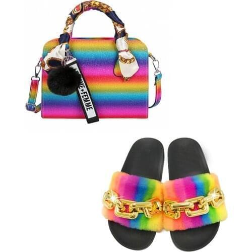Rainbow Chain Slippers Faux Fur Slippers Purse Set Fluffy Sandals Fur Slides and Purse Set Handbag Fashion Shoes