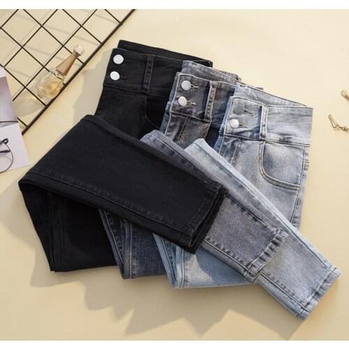 Tall Women High Waist Jeans Tight Pencil Pants Elastic Double Breasted Fashion skinny Jeans Denim Plus Size feminine