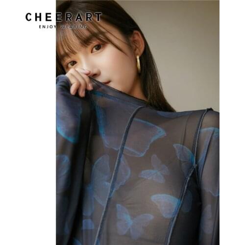 CHEERART Butterfly Mesh Top Long Sleeve Black Crewneck T Shirt Women Tshirt See Through Fashion Desinger Top Autumn 2020