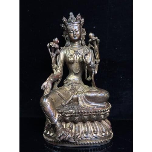 11"Tibet Temple Collection Old Bronze Cinnabar Lacquer Green Tara Bodhisattva Sitting Buddha Lotus Terrace Sitting Buddha