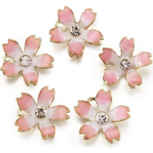 5Pcs Cherry Blossoms Enamel Charms Sakura Rhinestone Pendants For Earrings Bracelet Necklace DIY Jewelry Making Accessories