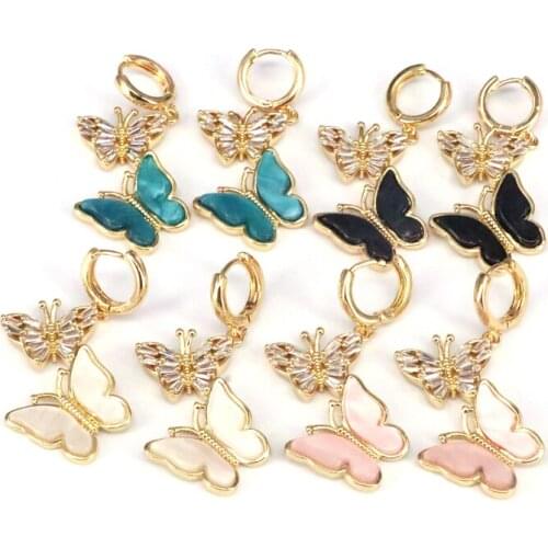 6Pairs Metal Copper CZ Micro Pave Double Butterflys Colorful Charms Dangle Earrings Fashion Jewelry For Women