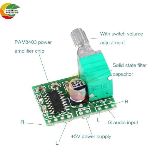 Super Mini PAM8403 DC 5V 2 Channel USB Digital Audio Amplifier Board Module 2*3W Volume Control Potentionmeter Switch Controller