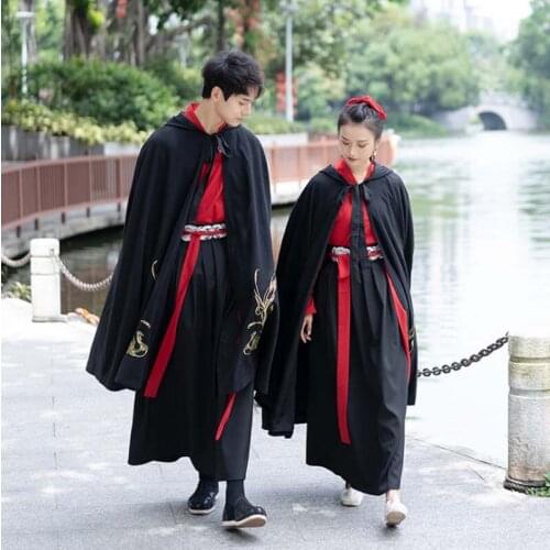 Men&Women Hanfu Cloak Chinese Ancient Traditional Winter Delxue Black Cape Cloak Adult Cosplay Costume For Couples Plus Size