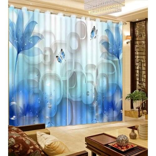 European Curtains Photo Painted 3D Curtain Living room blue flower curtains
