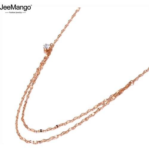 JeeMango Trendy 316L Stainless Steel Double-layer Chains Choker Necklace Bohemia CZ Crystal Pendant Necklace For Women JN20106