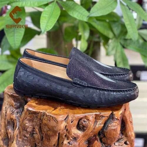 Sipriks Mens Luxury Comfort Everyday Loafers Real Stingray Skin Ostrich Skin Patchwork Flats Boss Smoking Slipper Slip On Shoes