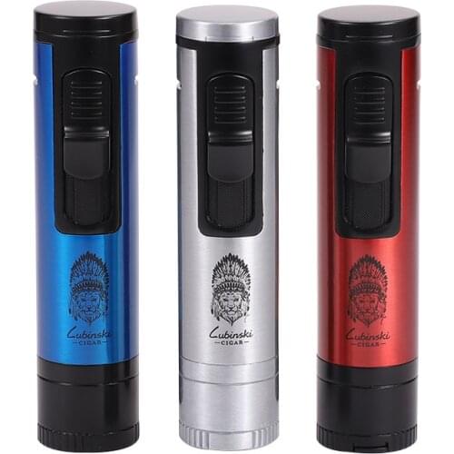 LUBINSKI Metal Windproof Cigar Lighter With Puncher Holder Needle Portable Jet Flame Multifunction Smoking Accessories Gift Box