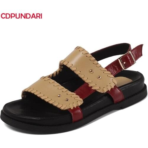 Fashion Sewing Mixed Colors Genuine Leather Flat Platform Sandals Women Summer Casual Shoes Sandales Femmes 2021 Sandalias Mujer