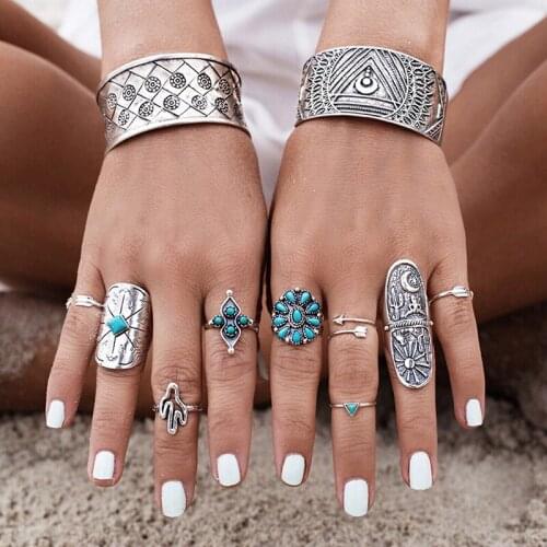 Mini Ring Sets Fashion Women Vintage Bohemian Turkish Party Rings Lady Jewelry 369067 Plated 9 Pcs/set Wedding Bands