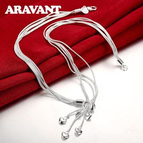 925 Silver Thiny Heart Pendant Multi Chain Long Necklace For Women Wedding Necklaces Jewelry Gift