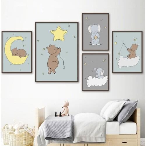 Cartoon Moon Elephant Wall Art Canvas Poster Baby Nursery Kawaii Sleeping Bear Painting Picture Kids Bedroom Decoration