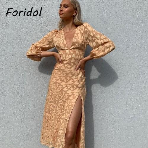 Foridol Leaf Print Deep V Neck Yellow Slit Midi Dress Women Autumn Winter Party Dress Split Dress Vestidos De Fiesta 2021 New