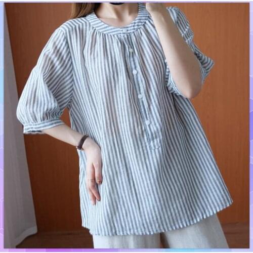 Striped T-shirt Lady Cotton And Linen Oversized Plus Size Tops Casual Short Sleeve Tshirt Summer Loose Large Size Stand Neck Top
