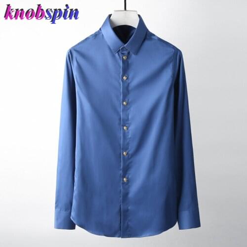 Gold Rose Button Shirt men 2019 Solid color Slim Casual chemise homme long sleeve Pure Cotton Business male Dress Shirts camisas
