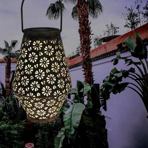 LED Solar Lantern Light Hollow Lantern Projection Light Wrought Iron Hanging Lamps Waterproof Outdoor Garden Yard Art Boosted