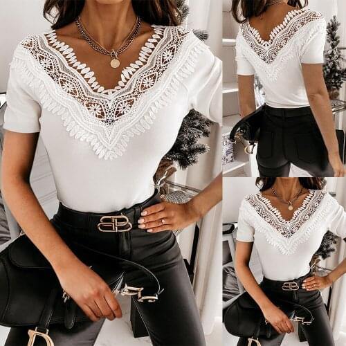 2021 Spring Sexy Hollow Lace Splicing T-shirt Women V-Neck Long Sleeve Tshirt Slim White Office Ladies Solid Tops