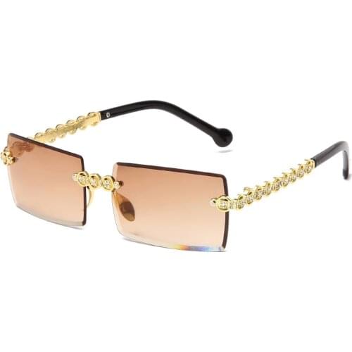New Fashion Rimless Rectangle Sunglasses Luxury Diamond Shades Brand Design Women Small Square Metal Sun glasses UV400 Eyewear