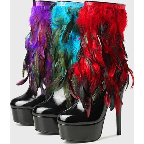 Women Multicolor Feather Tassel Patform Ankle Boots Black Patent Leather Pointed Toe Super High Heels Stage Show Fringed Booties