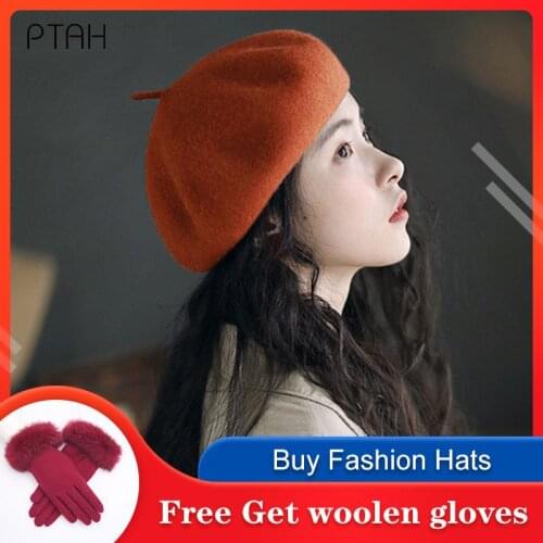 [PTAH] Women Girl Beret French Artist Warm Wool Winter Beanie Hat Cap Vintage Plain Beret Hat Pure Color Elegant Lady Winter Cap