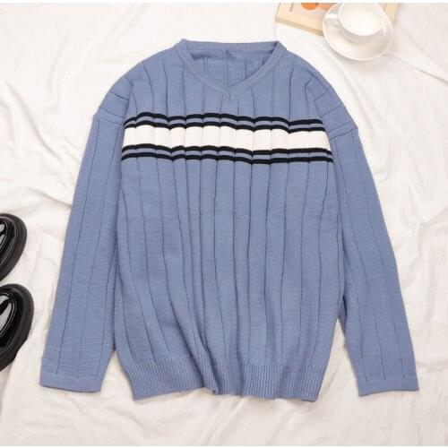 Women Striped Oversized Sweater Pullover Casual V-Neck Long Sleeve Knitted Tops Autumn Winter Preppy Style Loose Jersey Mujer