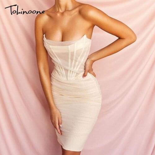 Tobinoone Elegant women lace bodycon dress black hollow out dot spring summer dress sexy pleated nightclub short party dresses