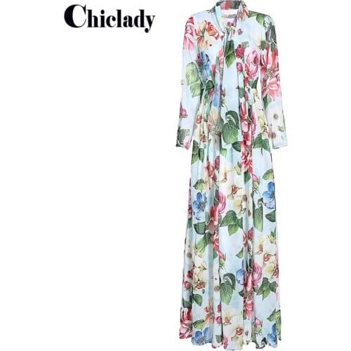 CHICLADY luxury maxi dress light blue flower printed womens boho robe party dresses holiday long sleeve ملابس النساء vestidos