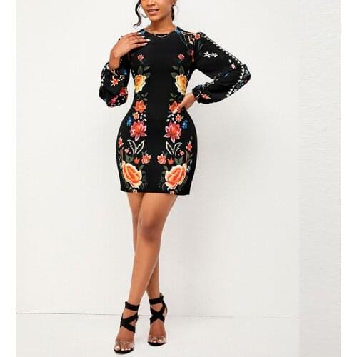 MISSJOY Women Elegant Long Sleeve Round Neck Floral Print Black Dress Sexy Halter High Waist Bodycon Party Short Dress