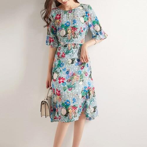 Blue mulberry silk printed floral dress women big summer long work boho beach office sexy party luxury dresses plus size fairy