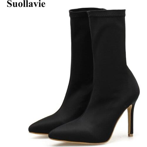 2020 Women Shoes Ankle Boots Pointed Toe Stretch Fabric Bootie Shoes Stiletto High Heels Spring Winter Gladiator Slip-on Boots