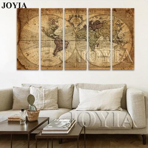 5 Piece Canvas Art Print Vintage Home Decor World Map Painting Calligraphy Ancient A Map of The World Retro Pictures (No Frame)