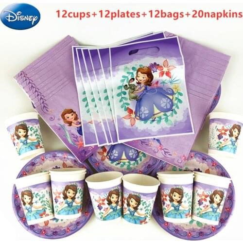 56pPcs Disney Sofia Princess Disposable Tableware Kids Birthday Party Decoration Paper Plate+Cup+Napkin+Candy Gift Bags Supplies