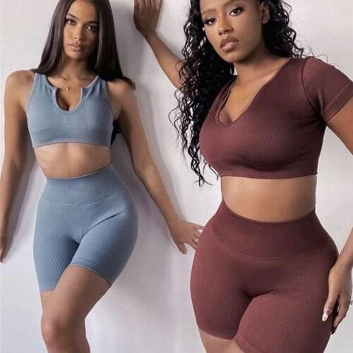 Seamless Yoga Set Women Running Suit 2 Piece Womens Tracksuit Crop Top T-Shirt Shotrs Workout Outfit Clothes Gym Wear Sport