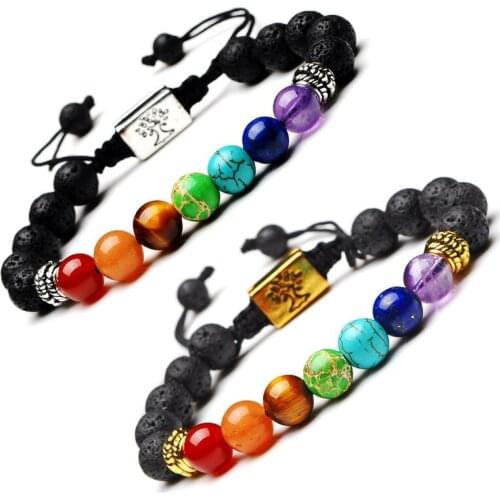 Tree of life Charms Seven Chakras 8mm Lava Stone Beads Bracelets DIY Essential Oil Diffuser Bracelet Buddha Yoga Jewelry