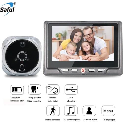 Saful 4.3 Inch Door Viewer Digital Zinc Alloy Doorbell with Night Vision Motion Detection Video Peephole Door Camera