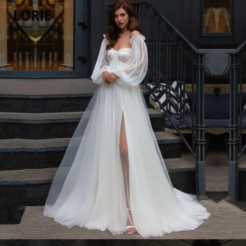 LORIE Vintage Wedding Dresses Boho Sweetheart Side Split Tulle Off the Shoulder Puff Sleeves Wedding Bridal Gown suknia slubna