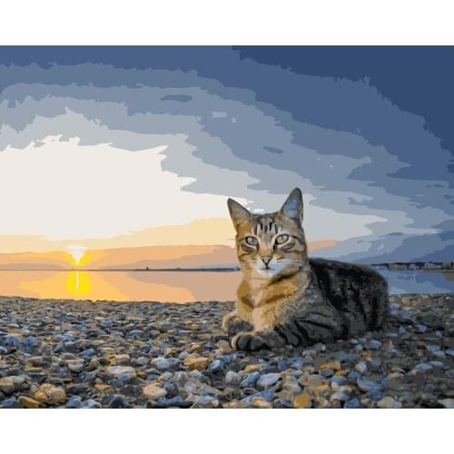 MaHuaf-j427 Cat sea sunset stone coloring by numbers on canvas hand painted cuadros picture painting for wall decor