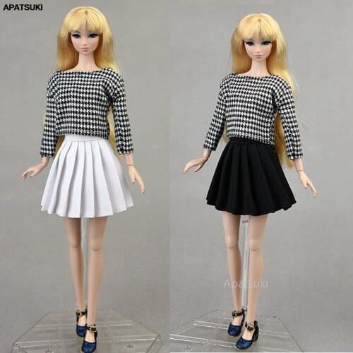 Fashion Clothes for Barbie Doll Outfits Houndstooth Pattern Shirt Blouse Top Pleated Skirts Suit for 1/6 BJD Dolls Accessories