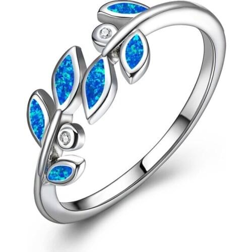 Fashion Rhinestones Leaf Fine Engagement Ring Wedding Band Girl Gift Simple Blue Opal Rings for Women Jewelry Accessories