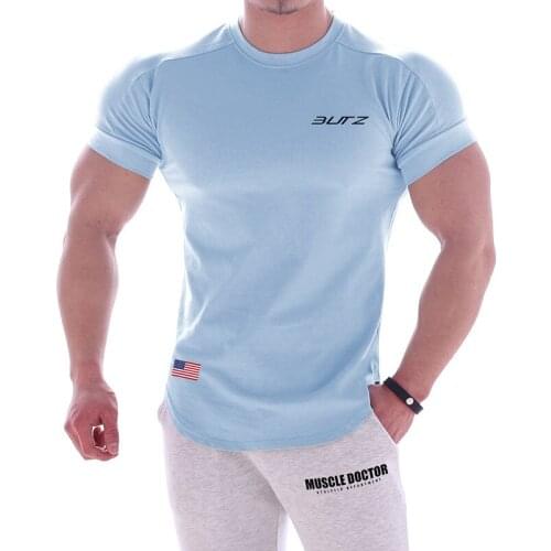 Mens Cotton Short Sleeve T-shirt Fitness Slim Sports T-shirt Mens Brand Gym Tee Top Clothes Summer Running T-shirt