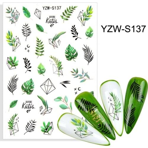 3D Stickers for Nails Adhesive Green Leaf Grass Geometry Nail Art Decorations Trend Pattern Design Sticker Nail Foil Accessories
