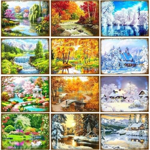 Countryside Scenery Trees Spring Summer Autumn Winter Tin Sign Vintage Wall Art Metal Signs for Club Bar Pub Home Decoration