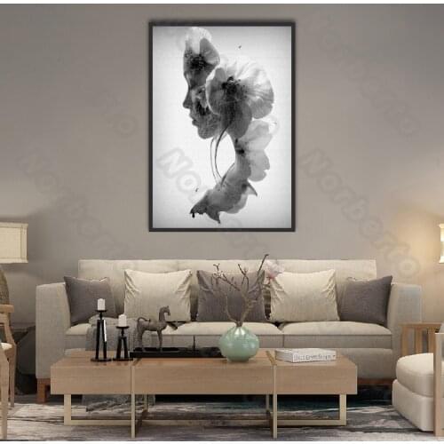 European Style Canvas Painting Poster Elegant Woman with White Feather and Turned In Profile for Living Room Bedroom Decoration