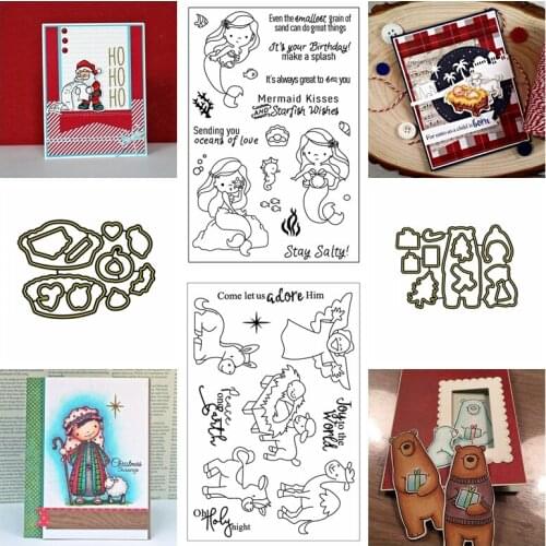 Christmas Theme Santa Claus Mermaid Lovely Sheep Metal Cutting Dies With Clear Stamps Blessing Cheer For DIY Craft Card