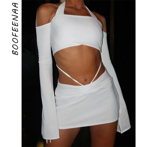 BOOFEENAA Sexy Two Piece Set Mini Skirt with Long Sleeve Halter Crop Top Sexy Outfits for Woman White Club Dress Suits C83-CA30