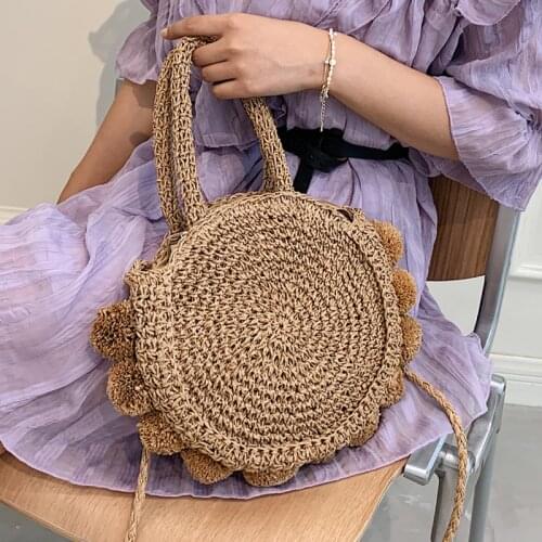 Vintage Raffia Circle Rattan Bags for Women Handmake Woven Shoulder Handbag Vacation Beach Bag Ladies Round Straw Crossbody Bag